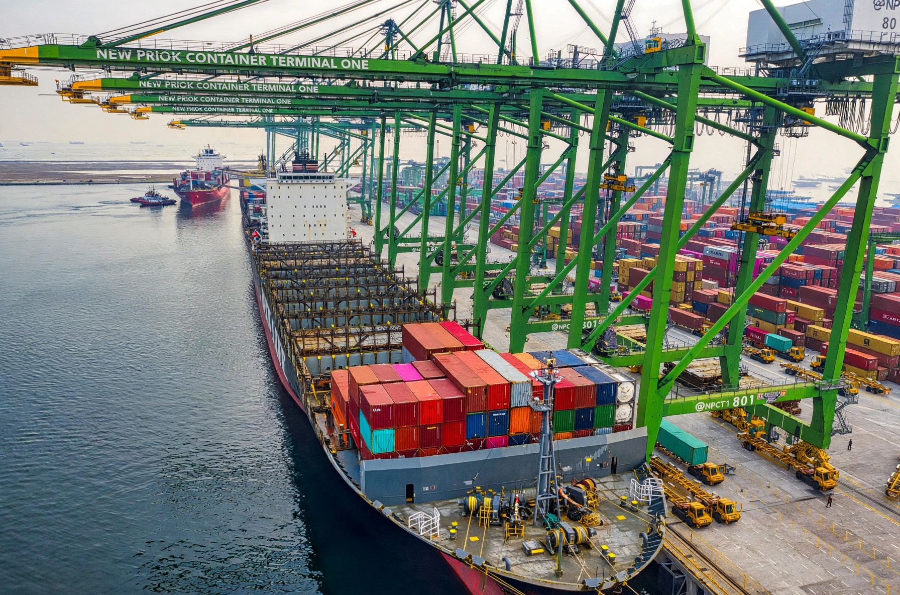 Container terminal cranes loading a cargo ship