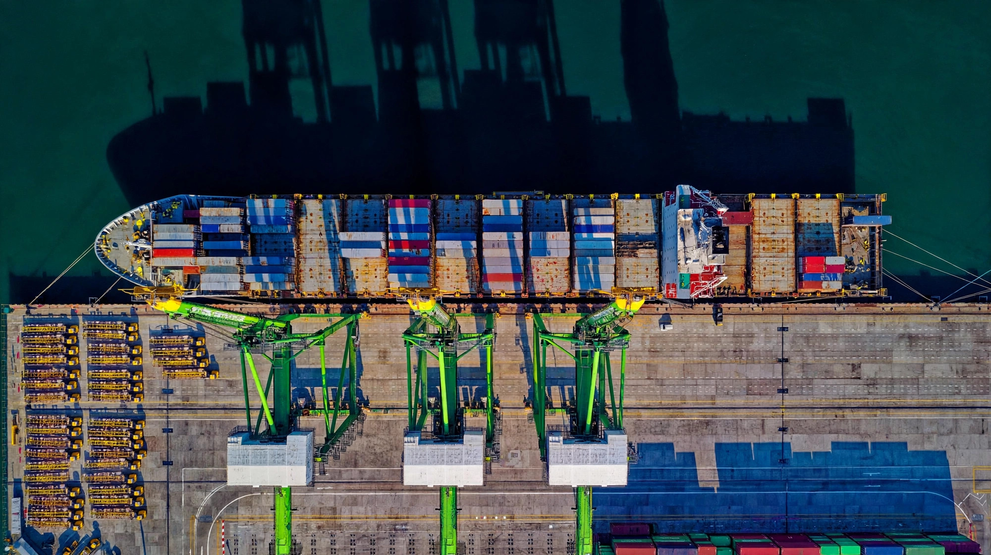 Aerial view of a container ship at a port terminal